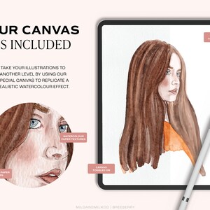 Op de afbeelding: Een digitale illustratie van een vrouw met lang bruin haar, die een perzikkleurig shirt draagt. De afbeelding toont het effect van een aquarel-canvasfilter aan en uit. De tekst "Our Canvas is Included" staat bovenaan de afbeelding. De tekst "Take your illustrations to another level by using our special canvas to replicate a realistic watercolour effect." staat onder de afbeelding. De tekst "Canvas toggled off" staat in de rechterbovenhoek van de afbeelding. De tekst "Canvas toggled on" staat in de rechterbenedenhoek van de afbeelding. De tekst "Natural paper fibers" staat in de linkerbenedenhoek van de afbeelding. De tekst "Watercolour paper textures" staat in de rechterbovenhoek van de afbeelding.