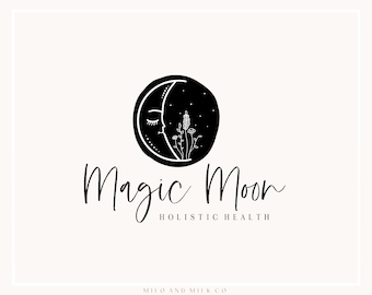 Logotipo botánico Magic Moon, logotipo de tarot, logotipo espiritual, logotipo mágico, logotipo holístico, marca de coaching de vida, logotipo minimalista prediseñado, logotipo dibujado a mano