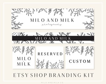 Conjunto de Loja Etsy com Folhas Florais, Modelo de Loja Etsy, Banner Botânico Etsy, Conjunto de Marca Minimalista, Kit de Loja Etsy, Logotipo de Ícone Etsy, Arte em Linha Preta