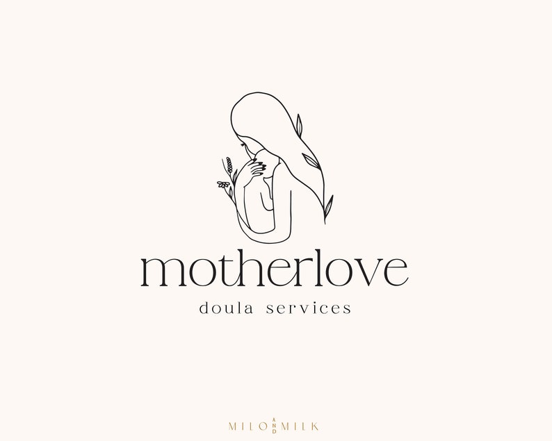 Puede incluir: Logotipo minimalista en negro sobre fondo crema, que representa a una madre sosteniendo a un beb&eacute;, con elementos florales. El texto "motherlove doula services" se muestra en una fuente serif cl&aacute;sica.