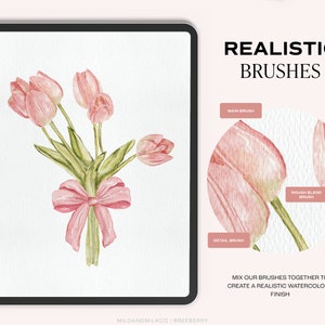 Op de afbeelding: Een digitale illustratie van een boeket roze tulpen gebonden met een roze lint. De illustratie is op een witte achtergrond met de tekst "REALISTIC BRUSHES" en "MIX OUR BRUSHES TOGETHER TO CREATE A REALISTIC WATERCOLOUR FINISH" in zwarte tekst.