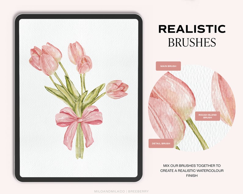 Op de afbeelding: Een digitale illustratie van een boeket roze tulpen gebonden met een roze lint. De illustratie is op een witte achtergrond met de tekst "REALISTIC BRUSHES" en "MIX OUR BRUSHES TOGETHER TO CREATE A REALISTIC WATERCOLOUR FINISH" in zwarte tekst.