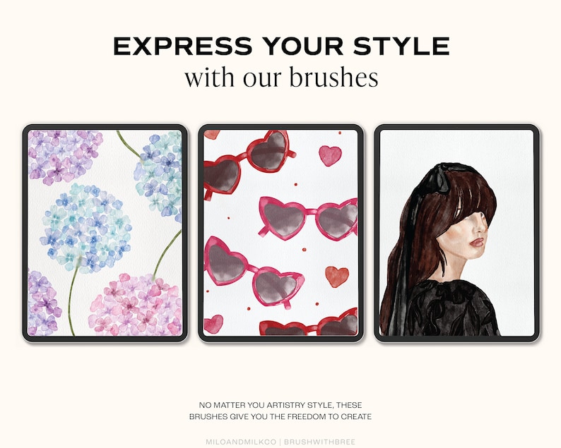 Op de afbeelding: Drie digitale illustraties op een witte achtergrond. De eerste illustratie is een patroon van blauwe en roze hortensia's. De tweede illustratie is een patroon van roze hartvormige zonnebrillen. De derde illustratie is een vrouw met donker haar die een zwarte jurk en een zwart lint in haar haar draagt.