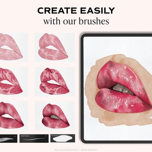 Op de afbeelding: Een digitale illustratie van roze lippen met een glanzende afwerking. De lippen zijn geschilderd met een aquareleffect en hebben een glinsterende textuur. De afbeelding toont de stappen voor het maken van de lippen met behulp van digitale kwasten. De tekst "CREATE EASILY with our brushes" staat bovenaan de afbeelding.