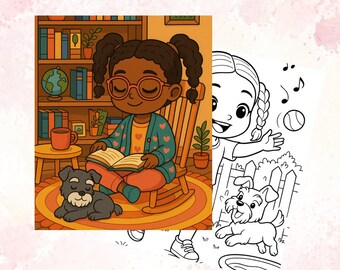 May include: A printable coloring page featuring a cartoon girl with glasses reading a book, a dog, and the text "PRINTABLE COLORING PAGES". The image also includes a black and white outline of a girl playing with a dog. The text "PRINT OUT OR COLOR DIGITALLY" is also present.