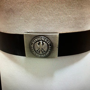 Genuine west German military Black 2” Wide Leather Belt w/Eagle Buckle Cold War era Warsaw. Sizes XS to XXXL.