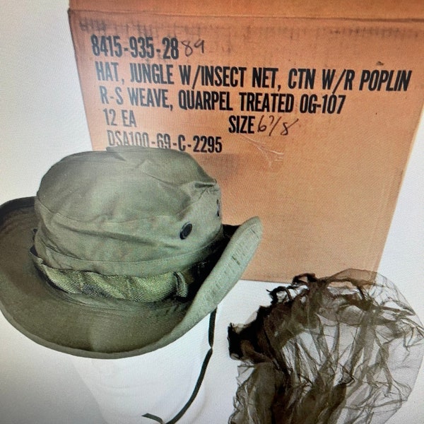 US Military authentic Vietnam era OD green sun Boonie hat water repellent size 67/8 Small.