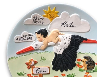 Stork // Handmade & Personalized birth plate, baptism plate, birth gift