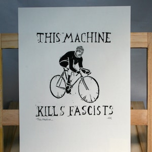 Linocut Print, This Machine...Vintage Cyclist, Hand Printed, Woodie Guthrie, Lino Print