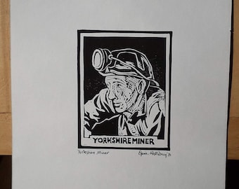 Linolschnitt Druck, Yorkshire Miner, Portrait, einzigartige industrielle Kunst, handgemachte Linolschnitt Druck