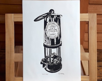 Linoldruck, Grubenlampe, Kohle Bergmannslampe, Industriekultur, Einzigartiger Linoldruck