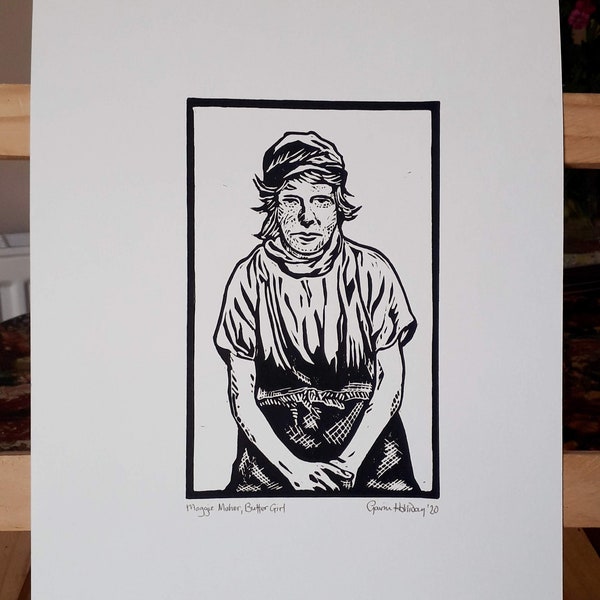 Linocut Print, Maggie Maher, Buffer Girl. Sheffield Geschiedenis, unieke kunst, lino cut