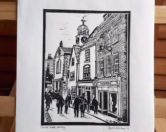 Linocut Print, Church Street, Whitby, Unique Linocut Art, Lino Print