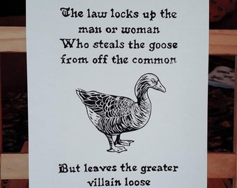 Linocut Print, The Common and the Goose, Handmade Art, Poetry, 17th Century History