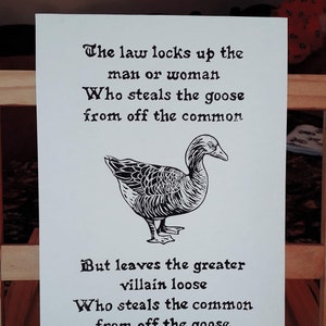 Linocut Print, The Common and the Goose, Handmade Art, Poetry, 17th Century History