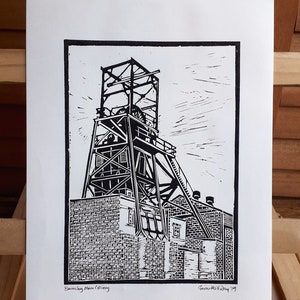 Linocut Print, Barnsley Main Colliery, Industria, Minería, Historia, Yorkshire