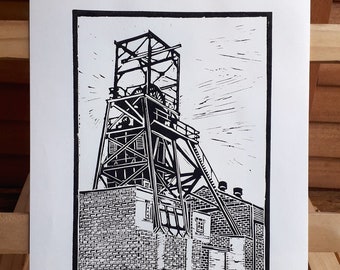 Linocut Print, Barnsley Main Colliery, Industry, Mining, History, Yorkshire