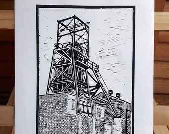 Linolschnitt Druck, Barnsley Main Colliery, Industrie, Bergbau, Geschichte, Yorkshire