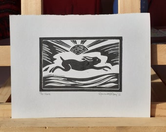 The Hare Linocut Print, Hand Printed Unique Art