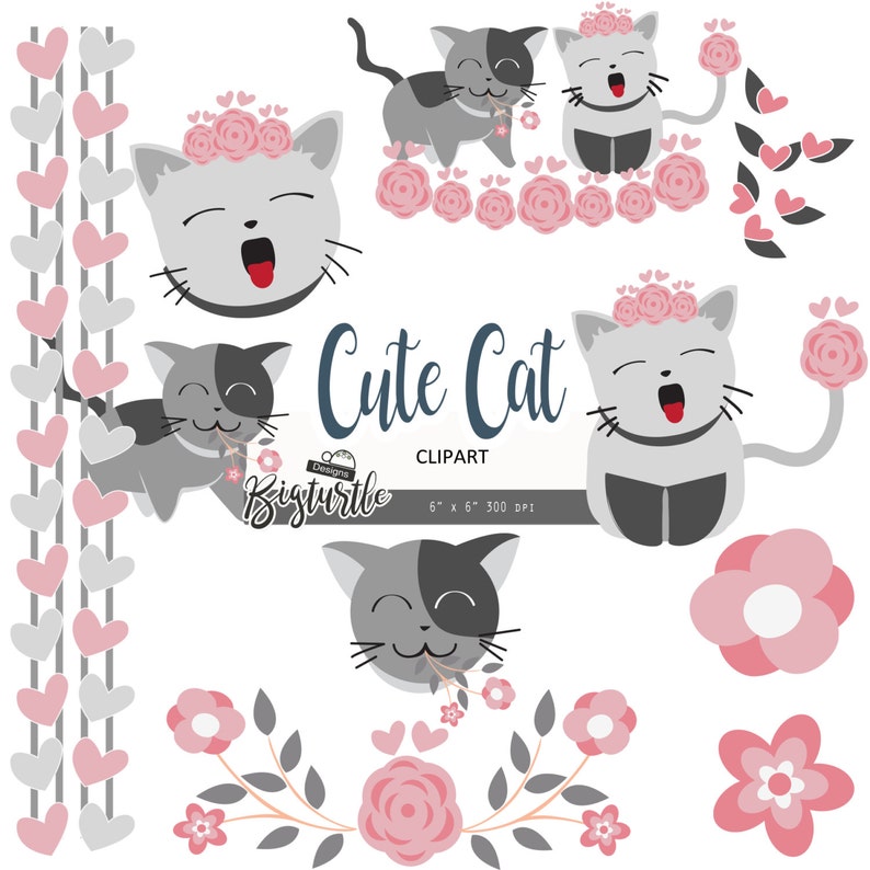 valentine clipart png files Instant Download cat clipart digital Cat cute digital clipart pink floral clipart 300 dpi