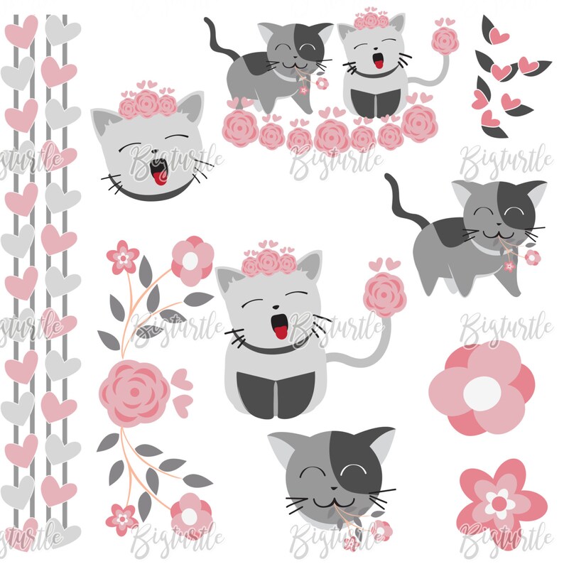 valentine clipart png files Instant Download cat clipart digital Cat cute digital clipart pink floral clipart 300 dpi