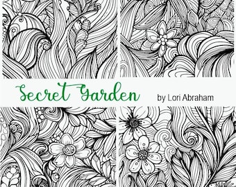 Secret Garden Coloring Pages-Adult Mindful Coloring Book,Floral & Leaf Patterns,Relaxation Stress Relief Printables-Set of 4 pdf Designs.