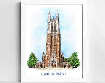 Impression aquarelle Duke University | Art mural de la chapelle du duc | Diables bleus | Durham Caroline du Nord
