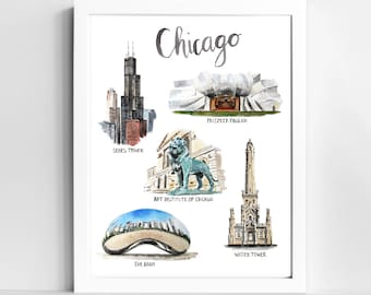 Impressão em aquarela de arte de parede de Chicago