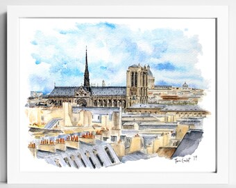 Paris Notre Dame Watercolor Print: Parisian Architecture Art