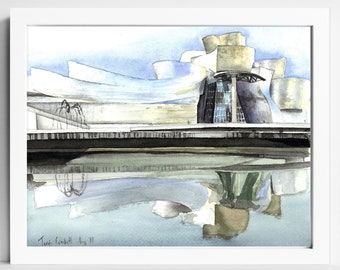 Bilbao Spain Watercolor Print | Spanish Guggenheim Museum | Urban Europe Travel Landmark Art