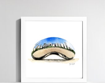 May include: A watercolor painting of a reflective sculpture, known as "Cloud Gate" or "The Bean", in Chicago. The sculpture reflects the city skyline and a blue sky.