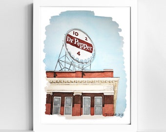 Dr Pepper Vintage Sign Watercolor Print | Kitchen Wall Art | Roanoke VA