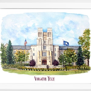 Virginia Tech Art Print | VT Hokies Watercolor Painting | Burruss Hall | Blacksburg Virginia