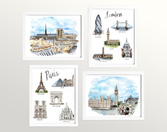 May include: Four watercolor paintings of famous landmarks in Paris and London. The Paris paintings feature the Eiffel Tower, the Louvre, the Arc de Triomphe, Notre Dame Cathedral, and Sacre Coeur Basilica. The London paintings feature the Tower Bridge, Big Ben, the Houses of Parliament, St. Paul's Cathedral, and the Shard.