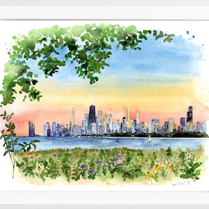 Chicago Skyline Sunset Watercolor Print