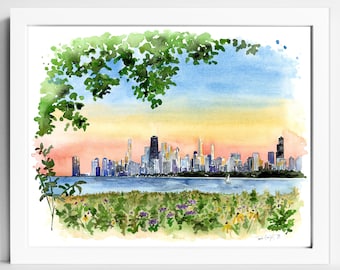 Chicago Skyline Sunset Watercolor Print