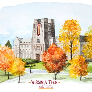 Virginia Tech Hokies Watercolor Print VT College Campus Wall Art Blacksburg VA image 2