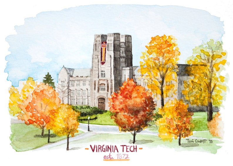 Virginia Tech Hokies Watercolor Print VT College Campus Wall Art Blacksburg VA image 2