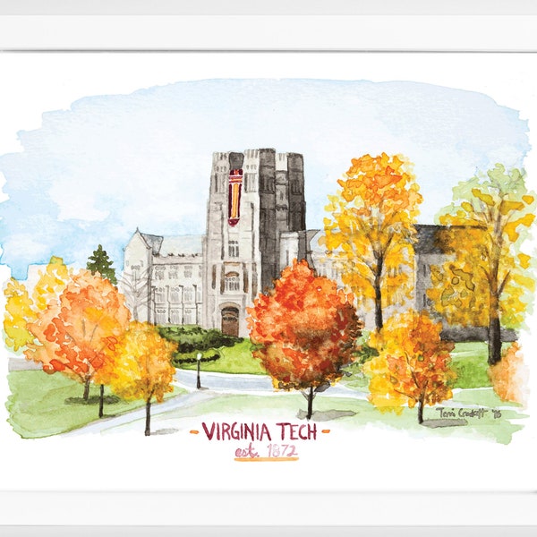 Virginia Tech Hokies Watercolor Print | VT College Campus Wall Art | Blacksburg VA