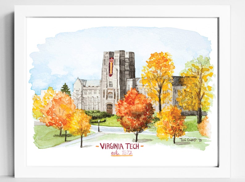 Virginia Tech Hokies Watercolor Print VT College Campus Wall Art Blacksburg VA image 1