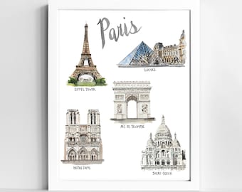 Paris Watercolor Art Print: Eiffel Tower, Louvre, Notre Dame