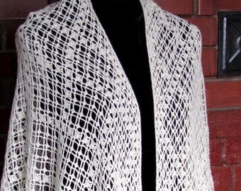 Large Triangular Natural White Crocheted  Fine Wool Shawl/Wrap with fringes