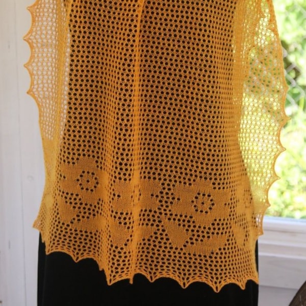 Naturel blanc ou jaune Marigold tricot châle de dentelle Fine laine avec motif de fleur imitation de dentelle filet volé abricot écru Ivoire Floral