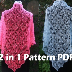 May include: Two knitted shawls, one pink and one light blue, with a lacy pattern. The shawls are displayed on mannequins against a green background. The text "2 in 1 Pattern PDF" is displayed below the shawls.