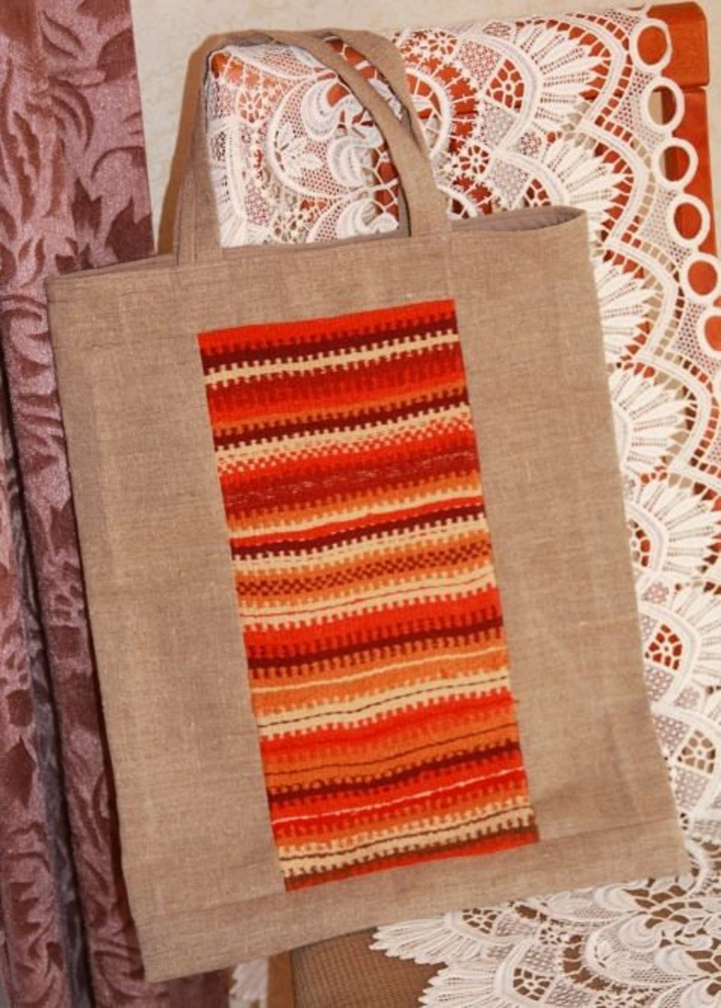NEW PRICE Natural Linen Shopping Bag with hand-woven cotton details and lining Eco Market bag SALE