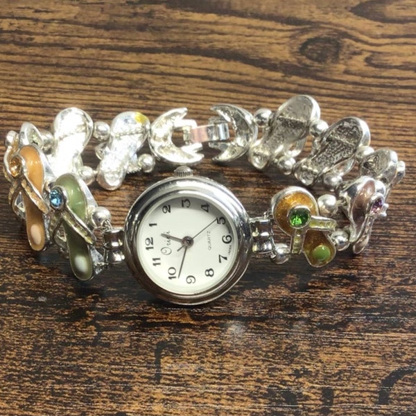 CLEARANCE- Cute Silver Jeweled Flip Flops Bracelet Watch- Summer/Beach Time/Cruise