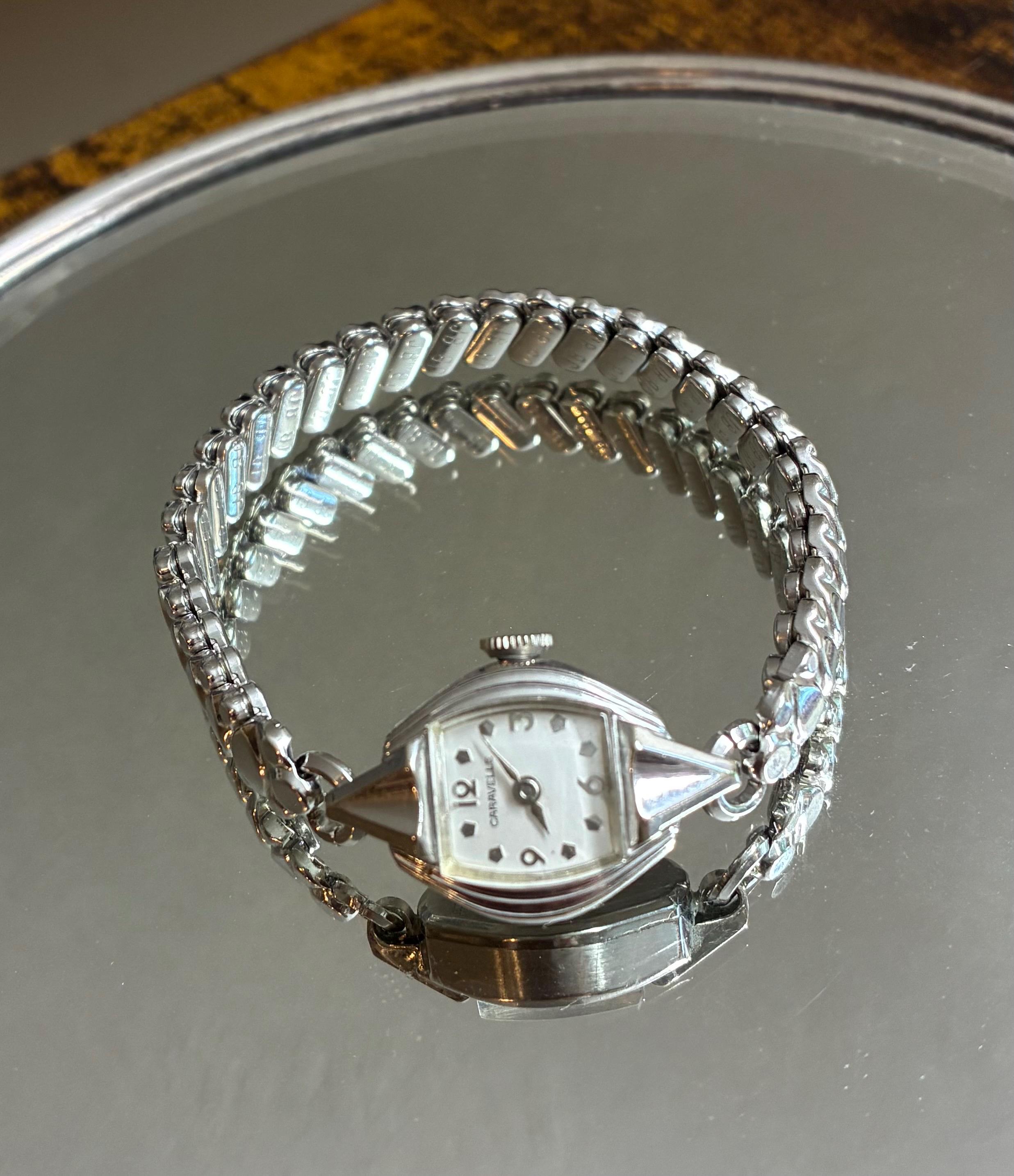 Vintage Dainty Caravelle by Bulova Dainty Classic Silver Womans Stretch Watch 1971 Caravelle by Bulova Ladies White Gold Plated Marquise  main image 2