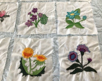 23 Vintage Hand Embroidered Flowers Quilt Top Blocks