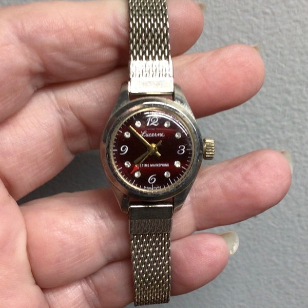 Ladies Vintage Lucerne Swiss Watch, Mechanical, Ruby Red Dial