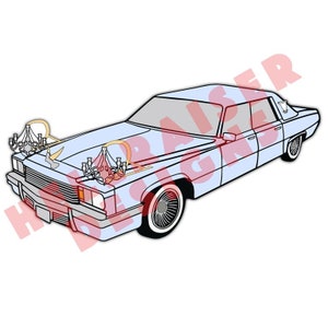 May include: A light blue vintage car illustration with two chandeliers attached to the hood. The car has a white wall tire design and a light blue body. The image has a cartoon style.